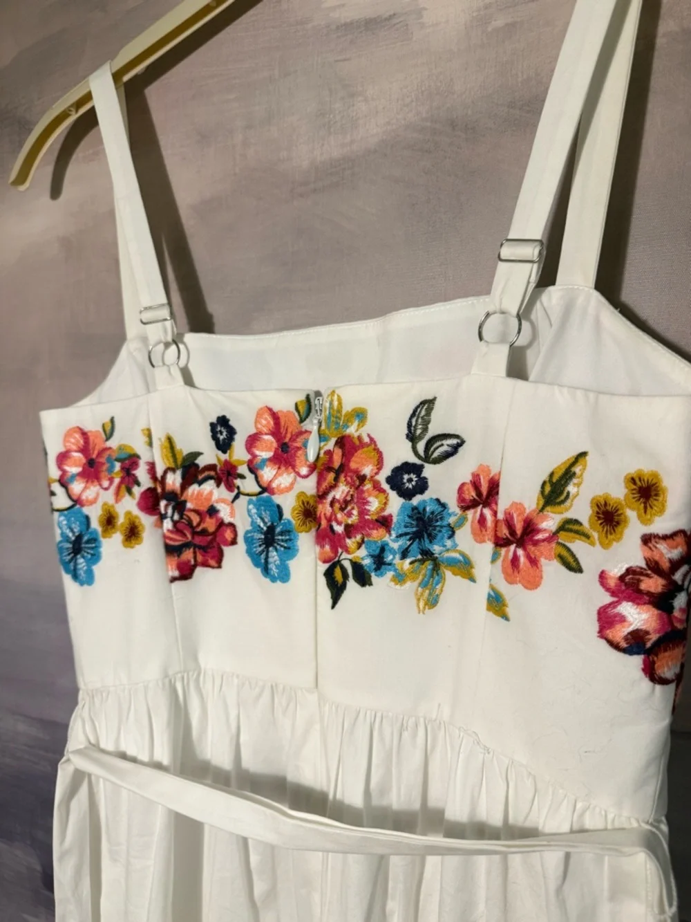 White Floral Embroidered Tiered Midi Sundress - Picture 6 of 7